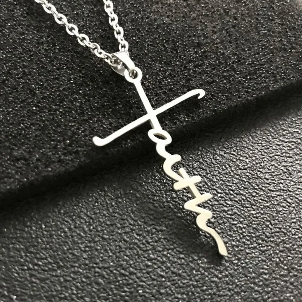 SILVER STAINLESS STEEL FAITH CROSS INSPIRATIONAL NECKLACE